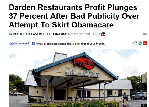 Huffington Post makes it look like Darden chain was boycotted by customers over news it might cut back on employee hours, AOL / Huffington Post ignoring that business is slow due to Obama's not increasing jobs so more people can eat out as they used to before he came into office. 