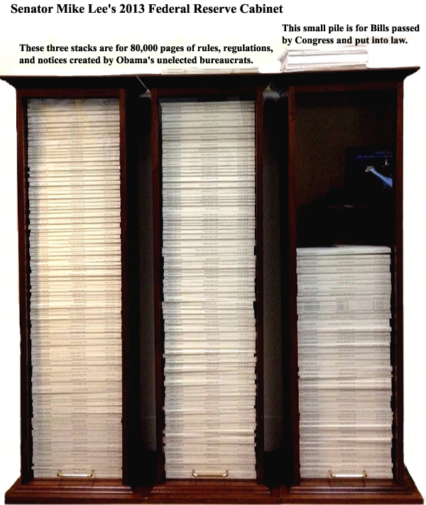 “Behold my display of the 2013 Federal Register,” Lee wrote along with the photograph. “It contains over 80,000 pages of new rules, regulations, and notices all written and passed by unelected bureaucrats. The small stack of papers on top of the display are the laws passed by elected members of Congress and signed into law by the president.” -  Breitbart