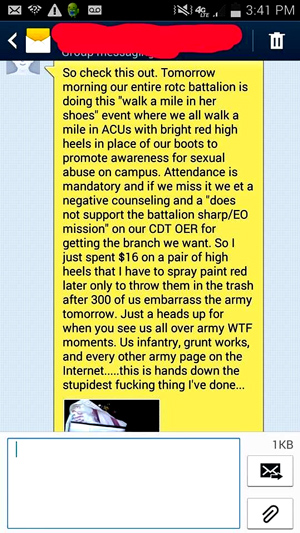 "“Attendance is mandatory and if we miss it we get a negative counseling and a ‘does not support the battalion sharp/EO mission’ on our CDT OER for getting the branch we want. So I just spent $16 on a pair of high heels that I have to spray paint red later on only to throw them in the trash after about 300 of us embarrass the U.S. Army tomorrow,” one anonymous cadet wrote on the social media sharing website Imgr, IJReview reported Monday." - PJ Media