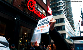 “I was very shocked by the amount of people lining up to support this company,” said Lila Trenkova, a founder of Collectively Free, an animal and gay rights activist group. “I think that it’s ignorance rather than people actually not caring.”  Trenkova and about two dozen others staged a demonstration outside the three-story behemoth to protest Chick-Fil-A’s history as a conservative-owned chicken palace. - NowTheEndBegins  