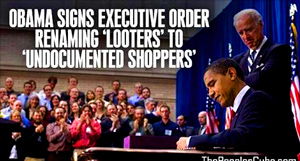 "Obama issues executive order renaming 'looters' to 'undocumented shoppers.' We see this line everywhere now, but it first appeared on the People's Cube Twitter at 9:16pm on Nov, 24, 2014 - the memorable night when the nation was holding its collective breath awaiting the Grand Jury decision on Darren Wilson's indictment, while biding its time by playing the #FergusonDecision hashtag game on Twitter." - The People's Cube  