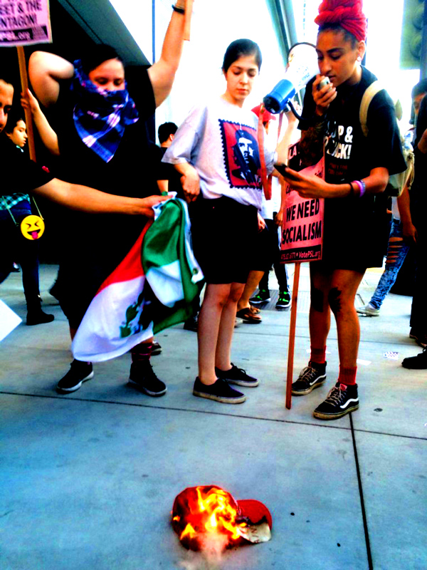 "In April, Maile Hampton was filmed in Burlingame, California, at another anti-Trump rally that turned violent, burning the American flag and screaming over a loudspeaker at reporters, 'Bourgeois media, get the f–k out!'” - WND 