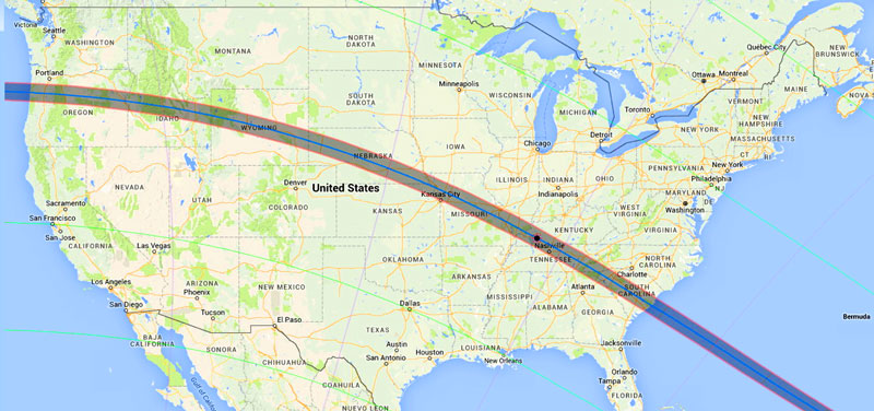 "It's an interesting fact that this eclipse path cuts right through the middle of several very large cities. If you're in St. Louis or Kansas City, you need to be in a certain part of town to see totality. Nashville is partially in totality. Portland OR misses it, as does Atlanta and Chattanooga. Bowling Green is barely in the path. Greenville SC is, but Spartanburg isn't! And Charlotte misses as well. Omaha is not in the path, but Lincoln is - just barely. And the great national Parks of Yellowstone/Grand Teton, and the Great Smoky Mountains are cut in half by the path. But Craters of the Moon misses the show! The Land Between the Lakes in Kentucky will be perfect, weather permitting! But if you want to be there to see it, then you need to be in the right spot! Check out the maps to make sure you're there!" - Eclipse 2017.org 