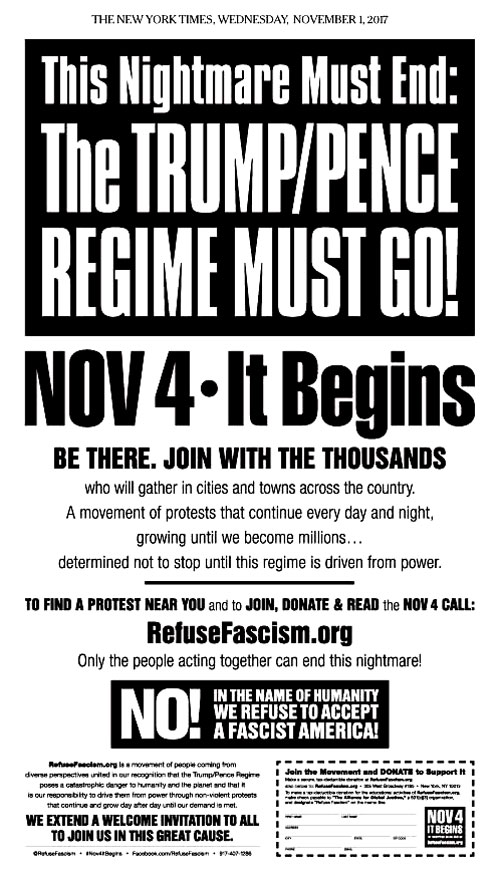 "The most violent hate group in America at the moment, ANTIFA, has placed ads in the New York Times and other papers across the country directing readers to a website advocating violent rebellion in the streets to overthrow a legally-elected sitting president. Riots are planned in 20 major US cities for this Saturday, November 4. Just how big the protests will be is yet to be seen, but this is real and actually happening. Regular readers of NTEB know that all these riots are funded by George Soros and his many minions." - NTEB 