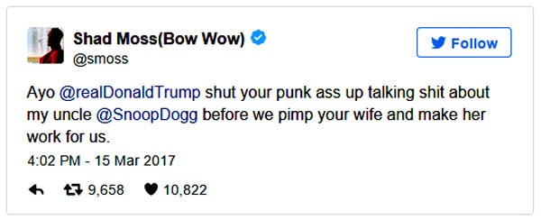 "Bow Wow — real name Shad Moss — is the latest artist to publicly defend Snoop over his controversial music video for the song 'Lavender,' which shows the rapper aiming a prop gun at a parody clown version of Trump and then pulling the trigger." - Breitbart 