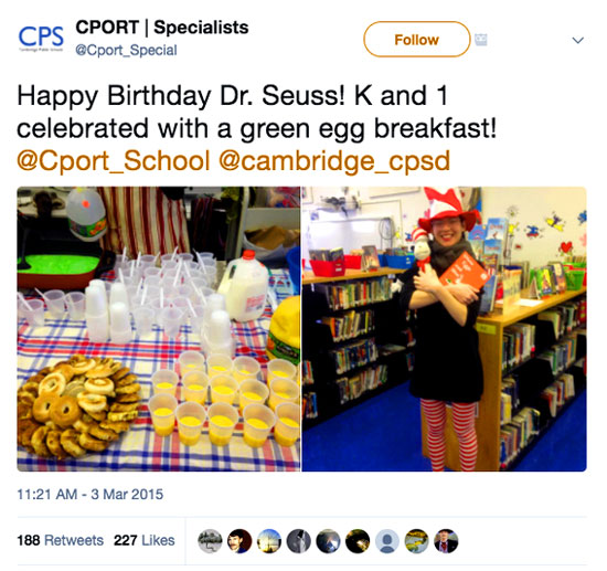 "Phipps Soeiro apparently thought “The Cat in the Hat” was appropriate two years ago when she appears to have dressed up as The Cat and hosted a “green egg breakfast” in honor of Dr. Seuss’s birthday in 2015. A Twitter account which Phipps Soeiro runs, according to the bio, listed at the bottom of her screed aimed at the First Lady, tweeted photos of the breakfast on March 3, 2015." - The Federalist 