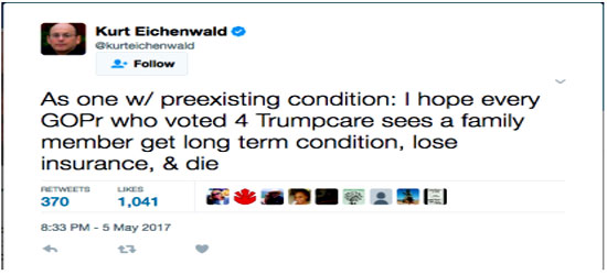 "Newsweek writer Kurt Eichenwald has no problem using his platform as a member of the media to hurl death threats against those whom he disagrees with. After House Republicans passed the AHCA last Thursday, the liberal writer took to Twitter to air his grievances against the bill by wishing that their family members would be tortured and die. (Yes, really.) - NewsBusters 