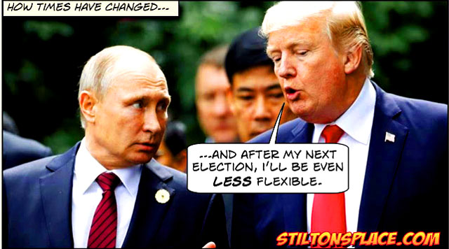 "The very idea of President Trump having a summit meeting with Vladimir Putin has thrown the Left into towering paroxysms of rage, terror, and confusion unseen since...well...actually we see them pitch these hysterical hissy fits all the time about pretty much everything, be it gender-binary bathrooms, a cartoon of a vegan-offending egg in a salad emoji, or the terrifying possibility of trade wars raising the price of Chinese-made pussy hats." - Stilton's Place 
