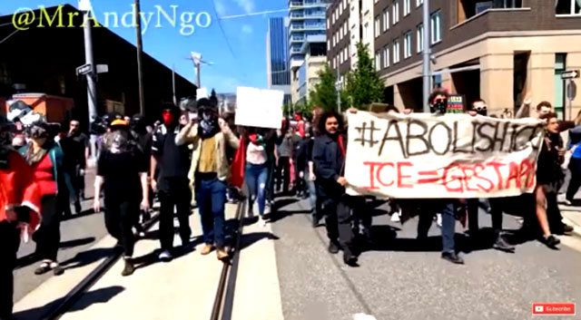 On May 1m 2019, the left's antifa in Portland, Oregon, demand ICE to be abolished, Portland police not involved so crowd stays "calm." - Webmaster