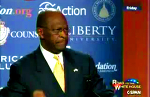 Herman Cain, Republican Presidential candidate, gives an inspirational speech at the Values Voter Summit.