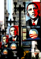 Obama banners fly in Chicago in 2009 as banners flew for the Third Reich.   Note the Obama image is linked with his "O" iconography, nothing to do with America and everything to do to elevating Obama above the country's symbols.  The "O"  was allowed to replace American symbol of a president as if a Marxist statement of what was to come.        