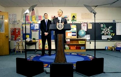 President Barack Obama, accompanied by Education Secretary Arne Duncan, speaks to the media after a discussion with 6th grade students at Graham Road Elementary School in Falls Church, Va., Tuesday, Jan. 19, 2010.  