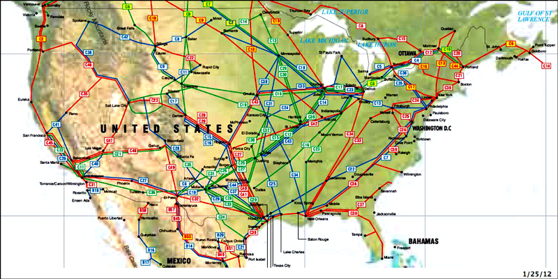 United States Pipelines map - Crude Oil (petroleum) pipelines - Natural Gas pipelines - Products pipelines.  